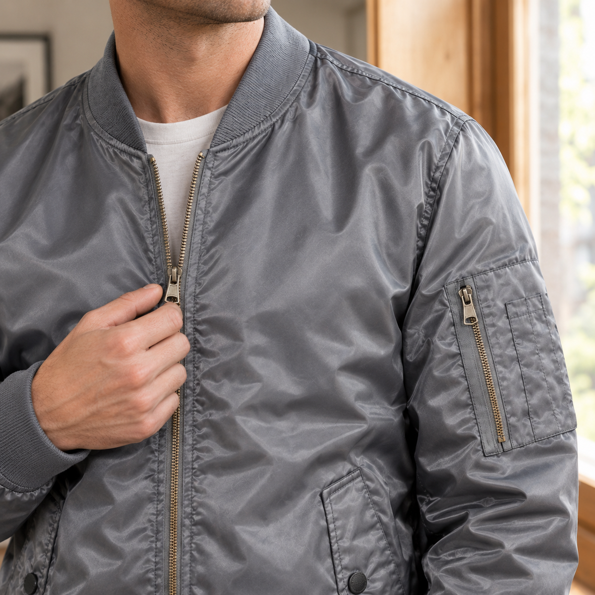 Men’s Bomber Jacket Lightweight Blended Fabric with Pocket
