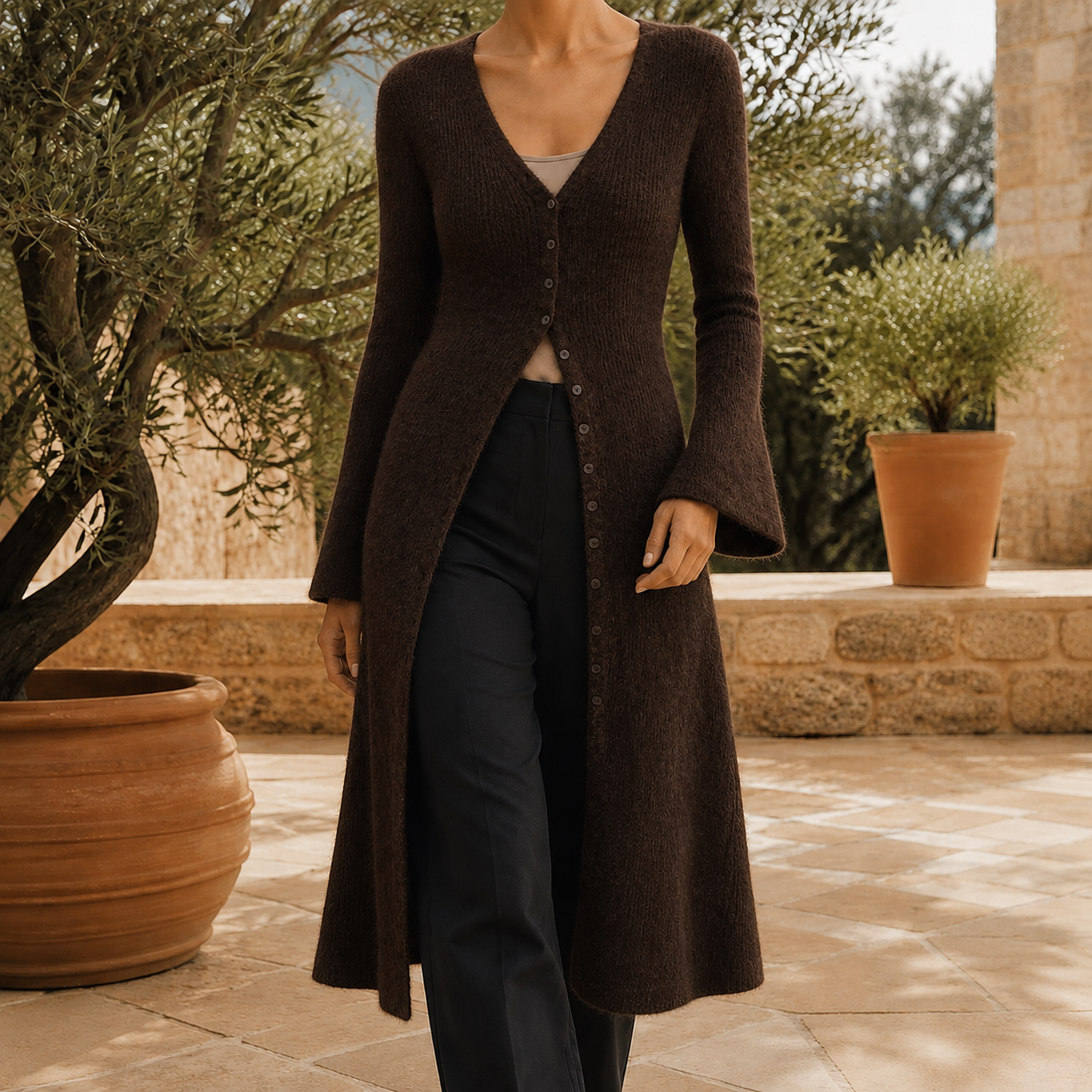 Women’s Long V-neck Cardigan in a Wool Blend