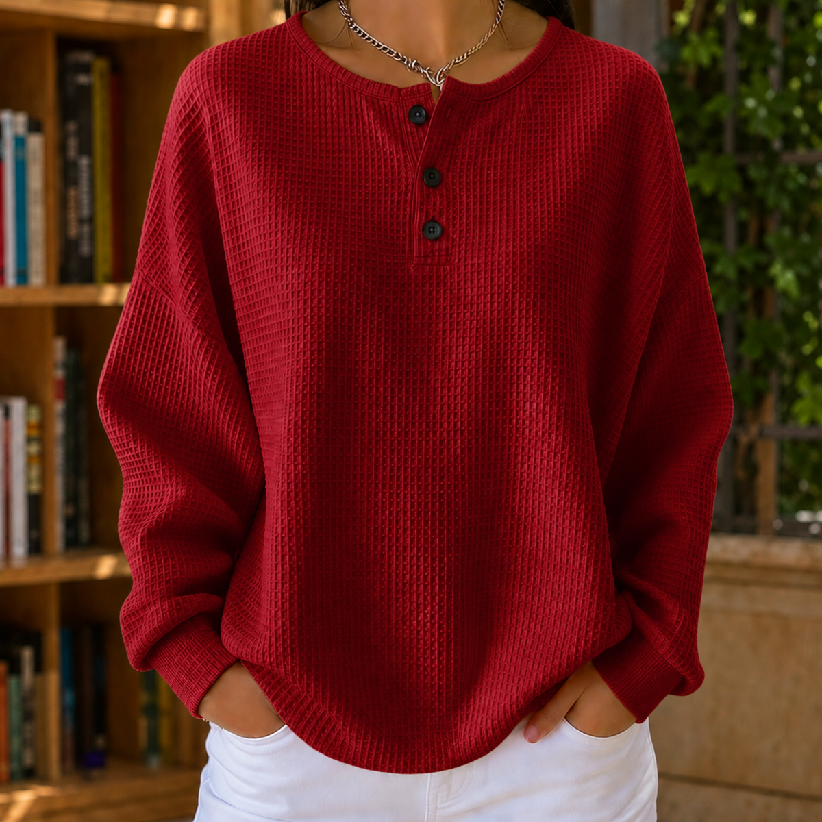 Women's Oversized Waffle Sweater with Button Placket