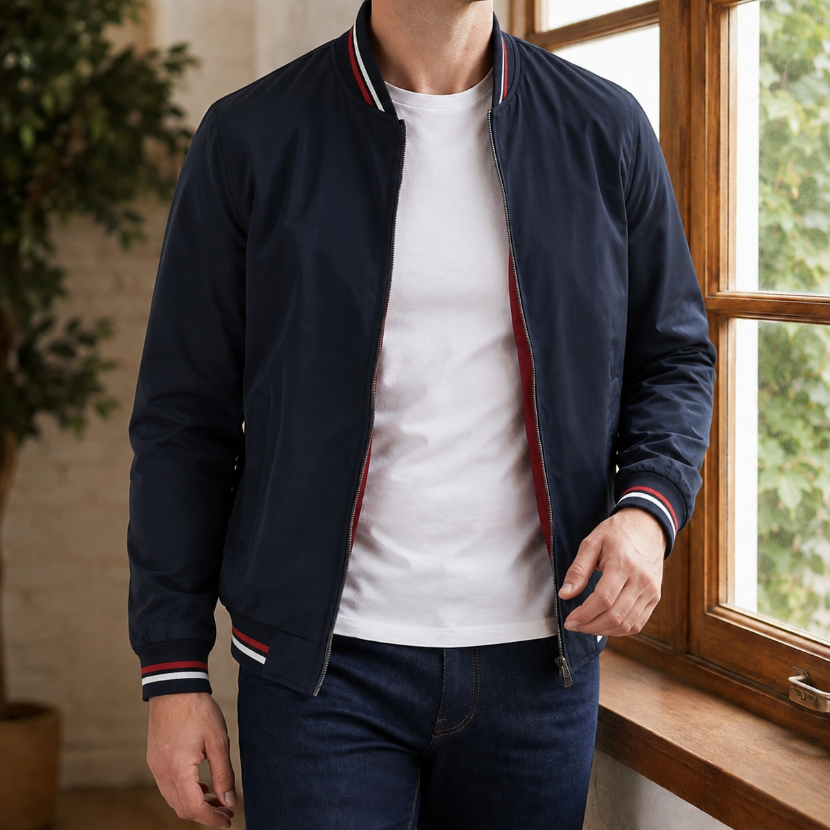 Men’s Bomber Jacket Lightweight Blended Fabric with Striped Cuffs