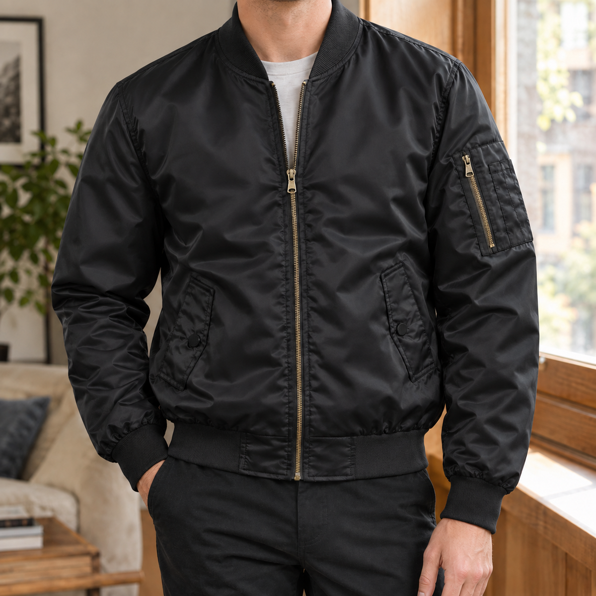 Men’s Bomber Jacket Lightweight Blended Fabric with Pocket