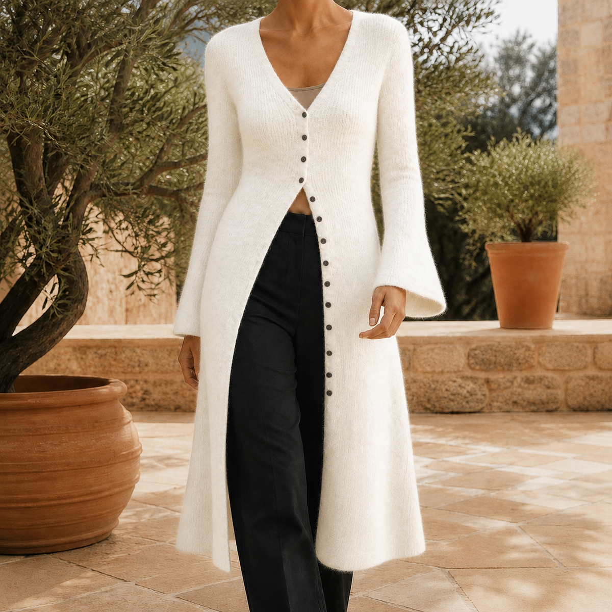 Women's Long V-Neck Sweater in Wool Blend with Buttons