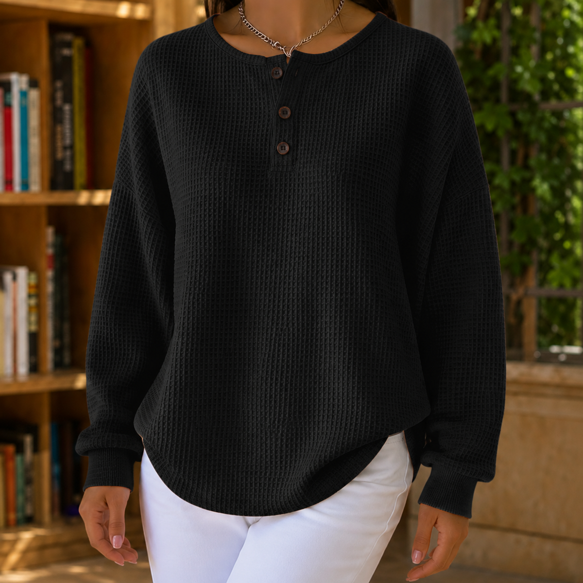 Women's Oversized Waffle Sweater with Button Placket
