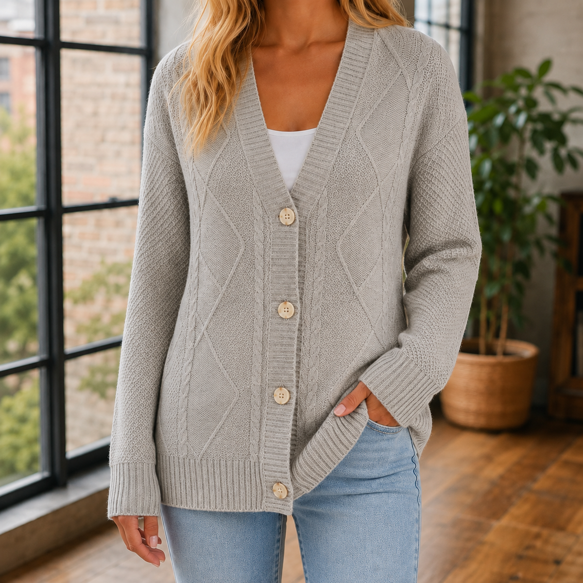 Women’s Long Openwork Cardigan with a V-neck