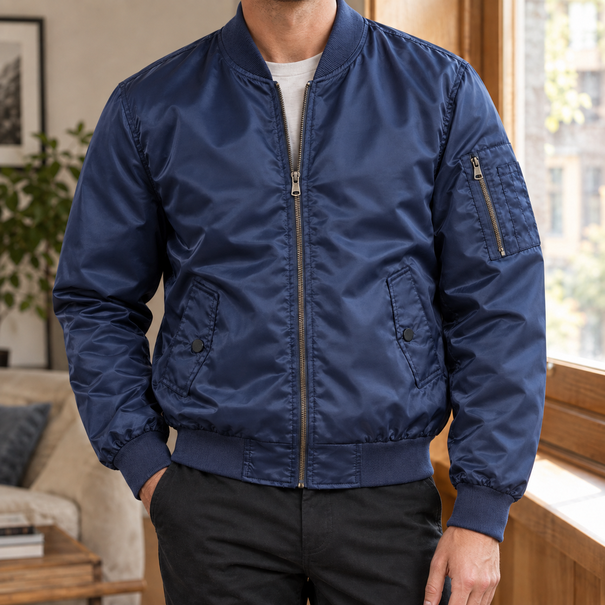 Men’s Bomber Jacket Lightweight Blended Fabric with Pocket