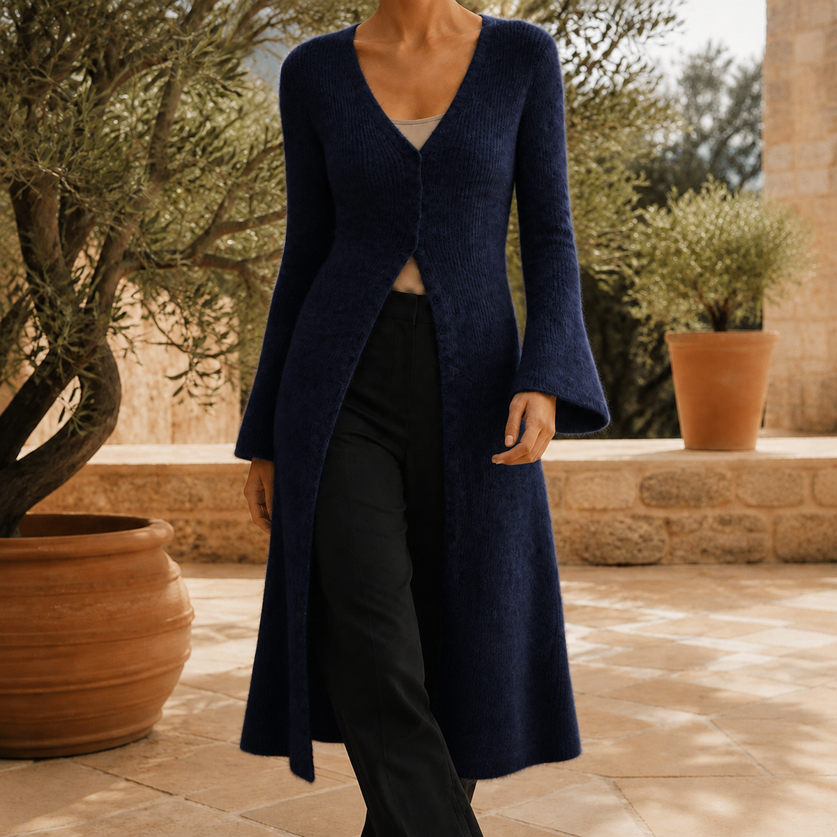 Women's Long V-Neck Sweater in Wool Blend with Buttons