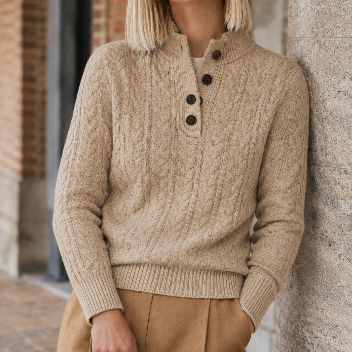 Women's Cable-Knit Sweater with Buttoned Neckline, Slim Fit