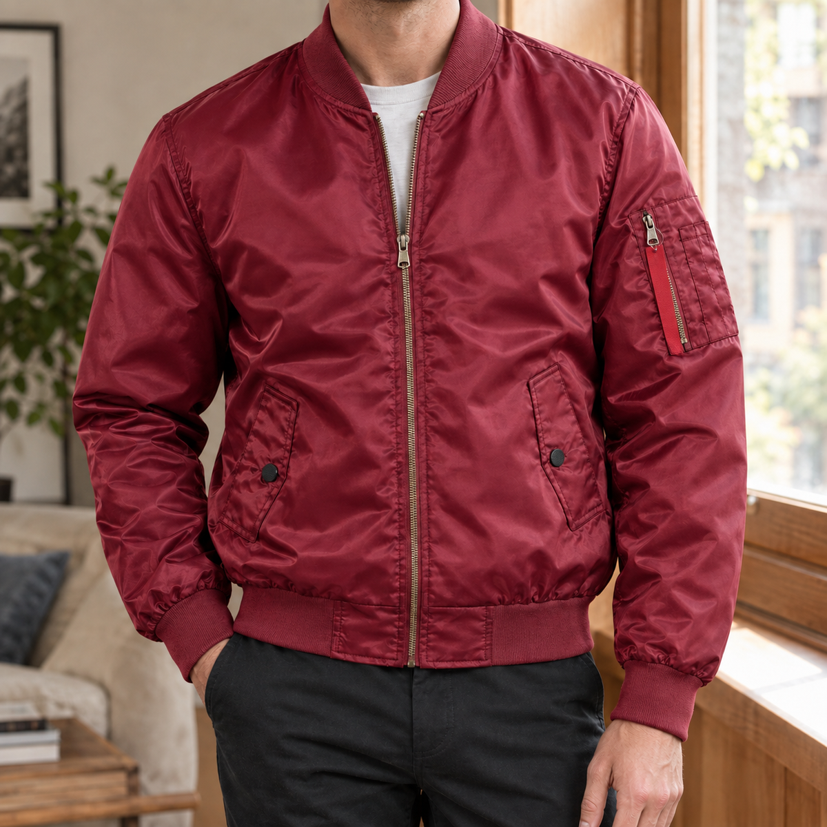 Men’s Bomber Jacket Lightweight Blended Fabric with Pocket