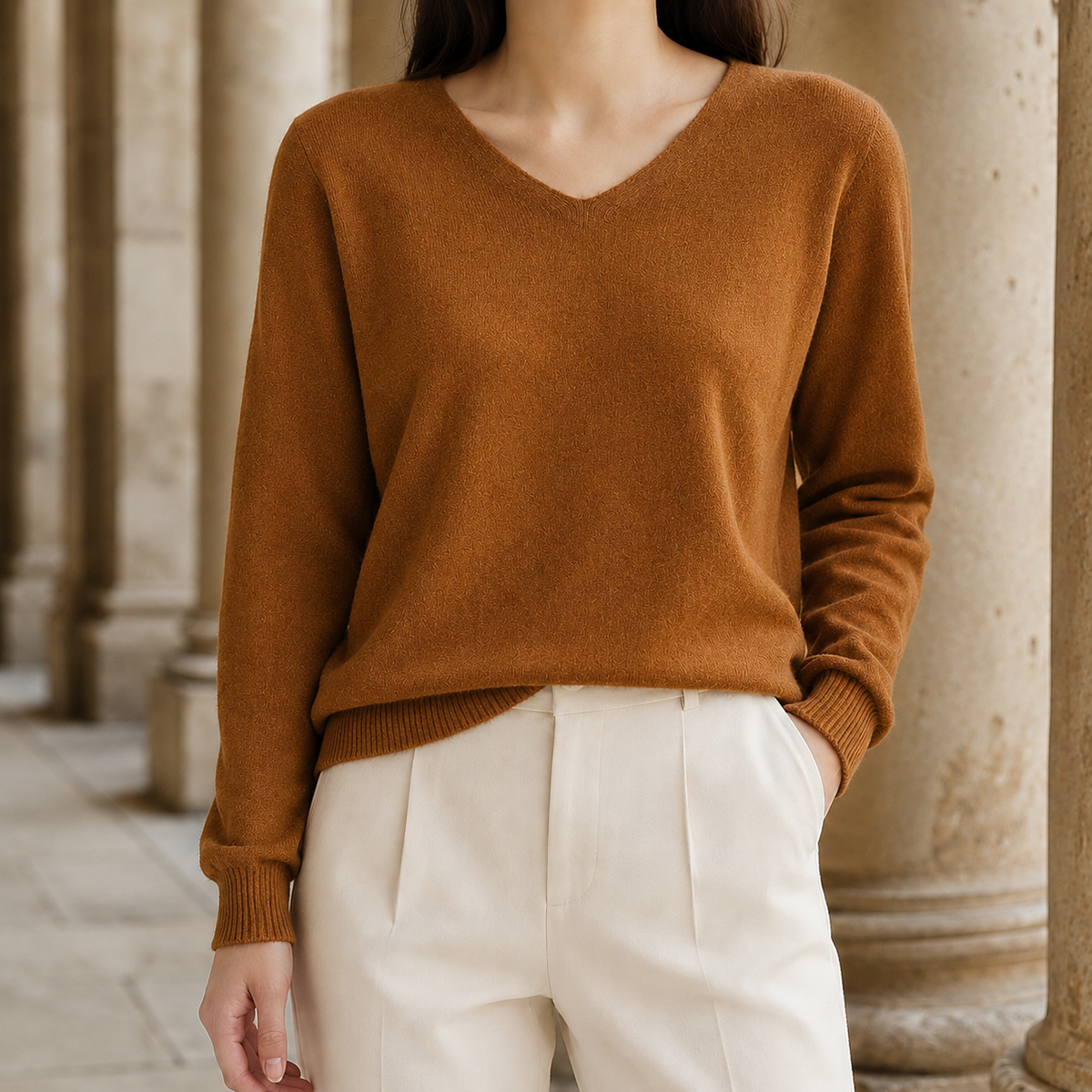 Women's V-Neck Sweater in Fine Wool, Relaxed Fit