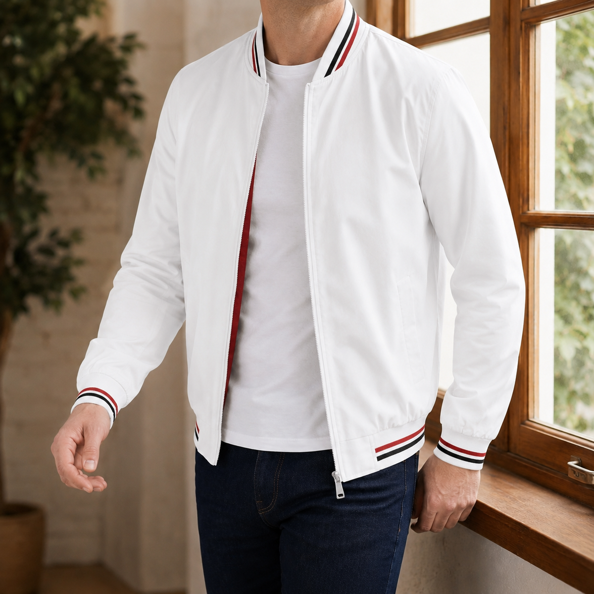 Men’s Bomber Jacket Lightweight Blended Fabric with Striped Cuffs