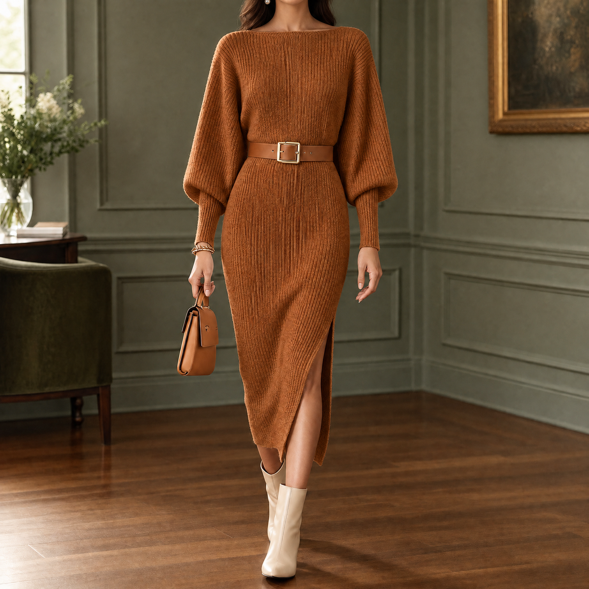 Ribbed Midi Sweater Dress with Belt