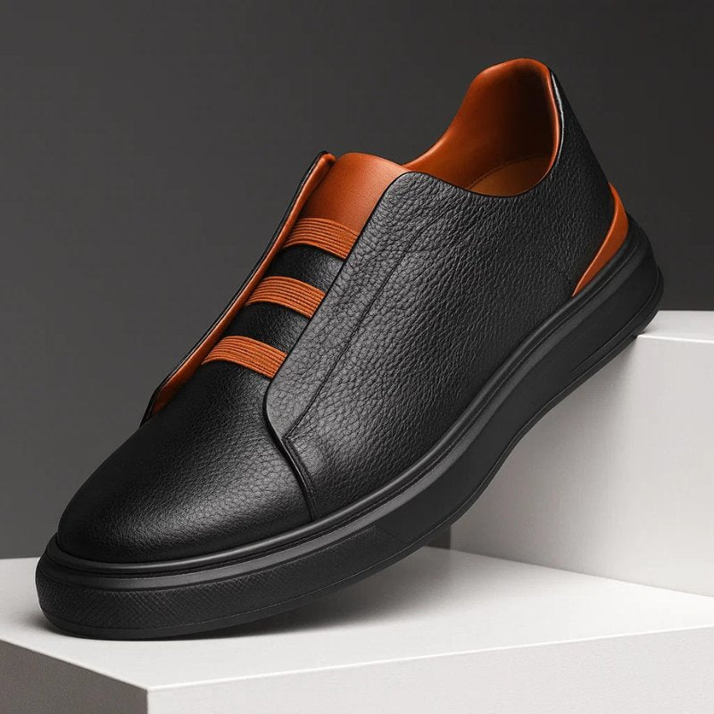 Sneakers Men's Slip-On in Genuine Leather with Elastic Laces and Rubber Sole