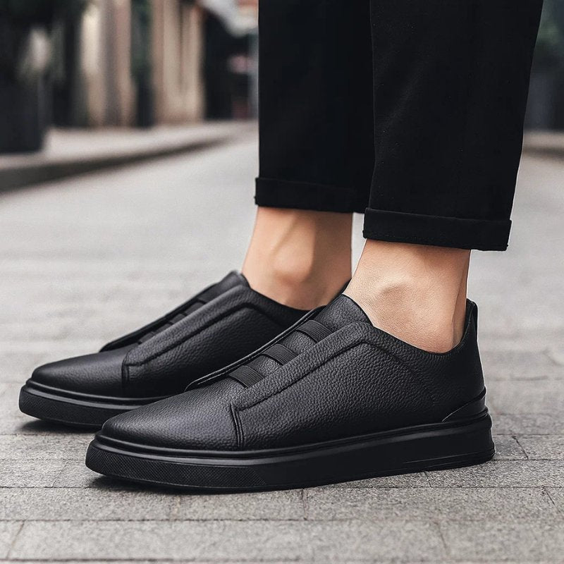 Sneakers Men's Slip-On in Genuine Leather with Elastic Laces and Rubber Sole