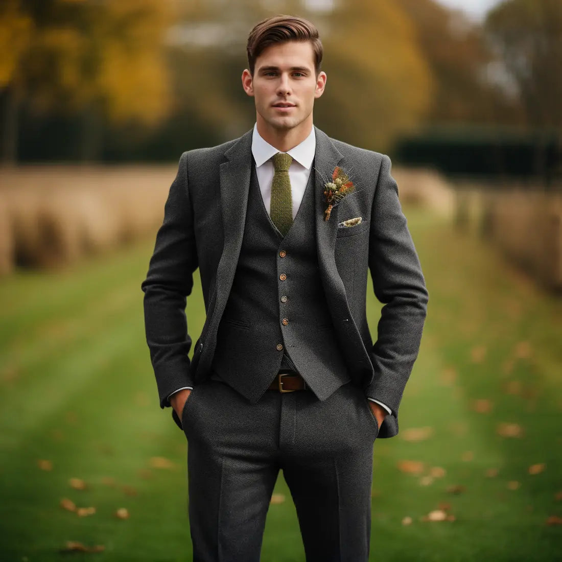 Men's Suit 3-Piece Military Green Tweed