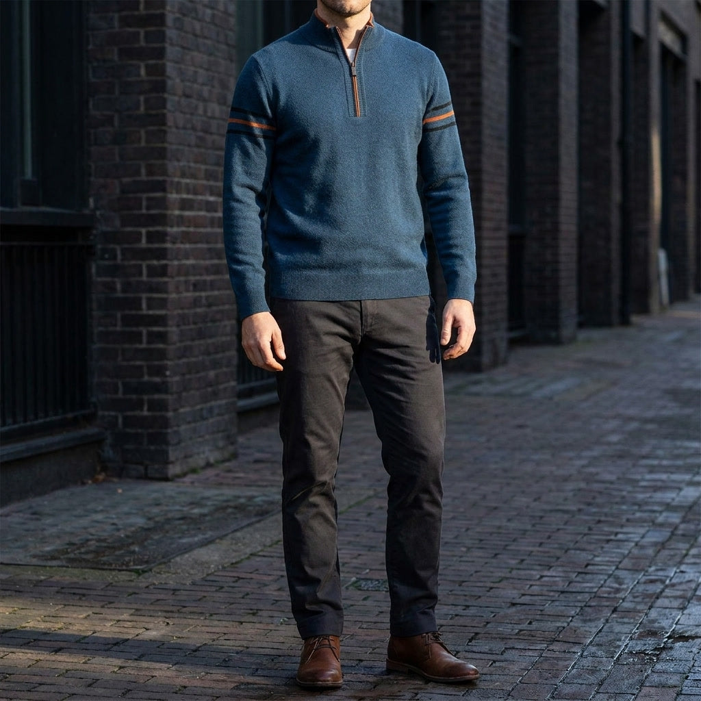 Men’s Quarter Zip Sweater with Contrast Stripes