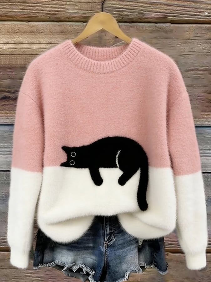 Women's Casual Cat-Print Pullover Sweater