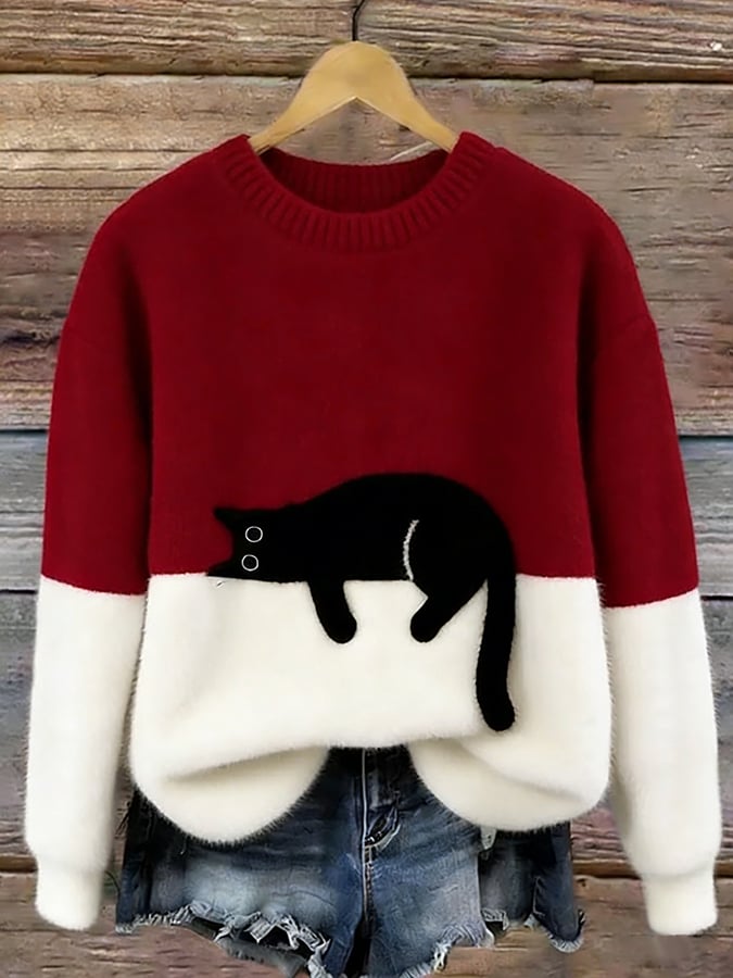 Women's Casual Cat-Print Pullover Sweater