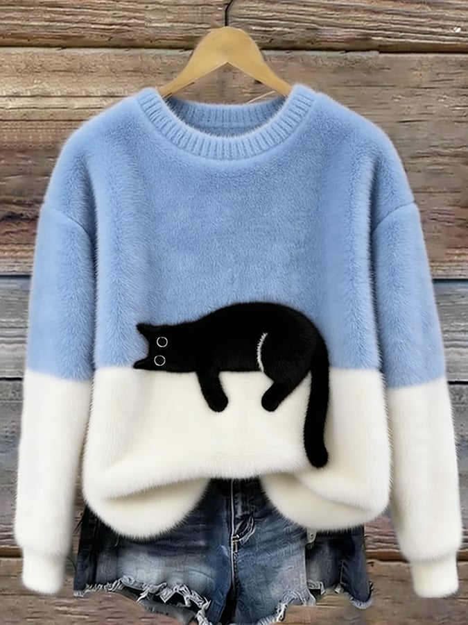 Women's Casual Cat-Print Pullover Sweater