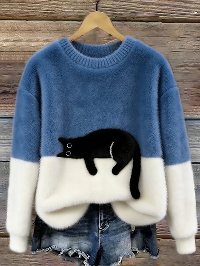 Women's Casual Cat-Print Pullover Sweater