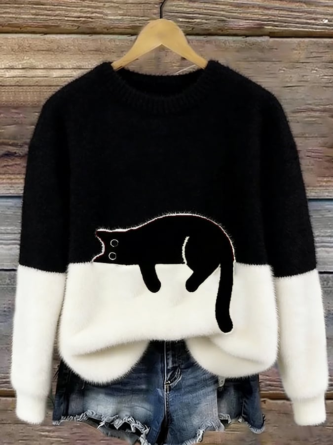Women's Casual Cat-Print Pullover Sweater