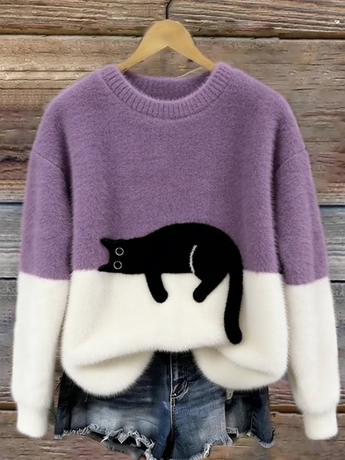 Women's Casual Cat-Print Pullover Sweater