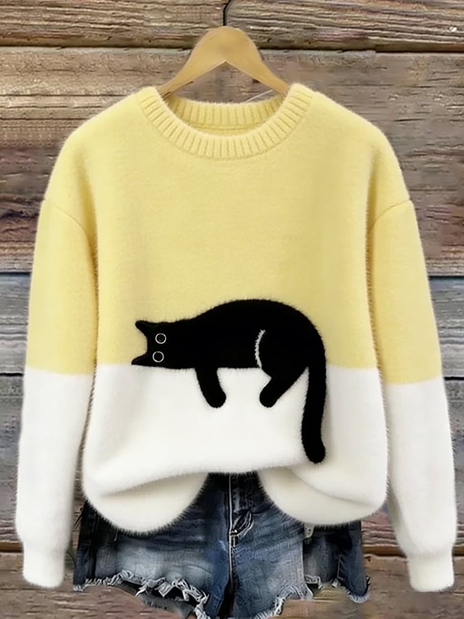 Women's Casual Cat-Print Pullover Sweater
