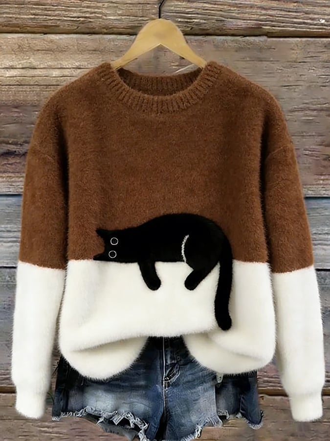 Women's Casual Cat-Print Pullover Sweater