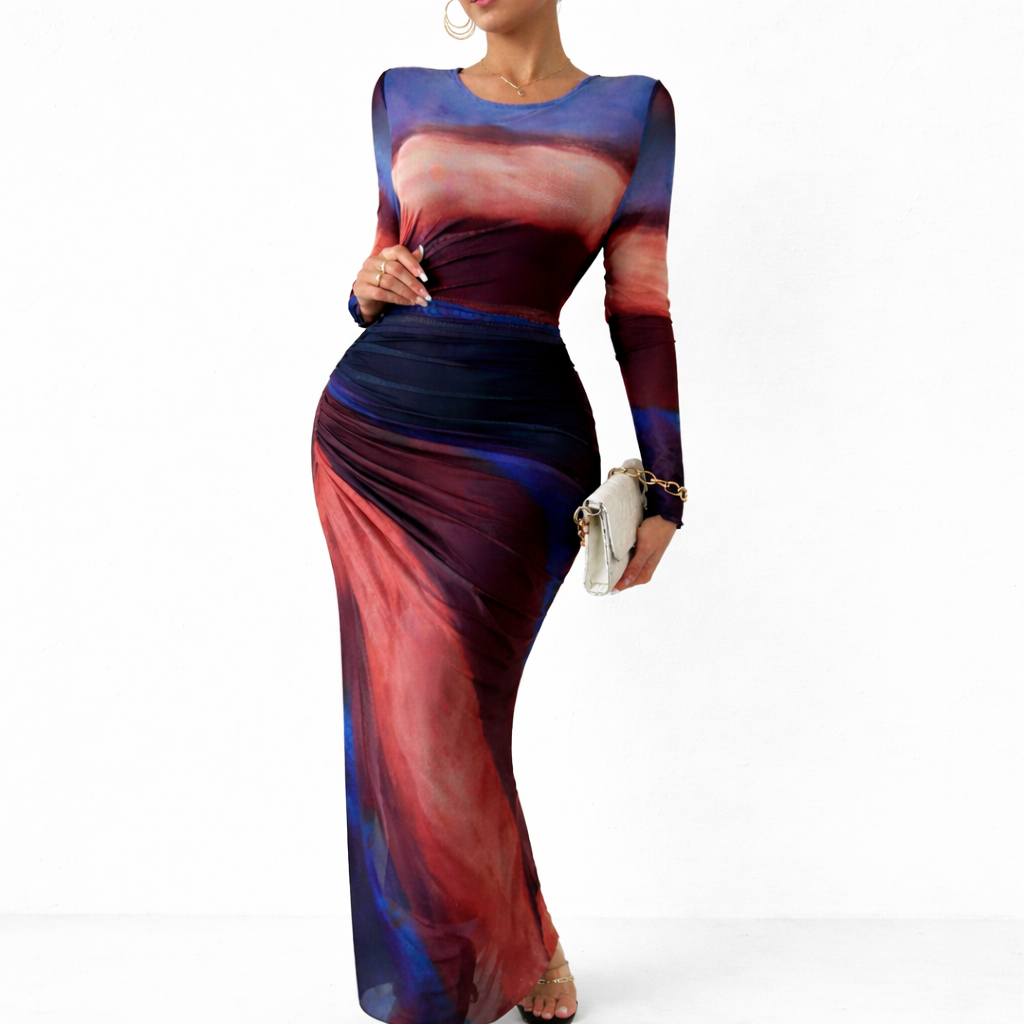 Elegant Ombre Ruched Long Sleeve Maxi Dress