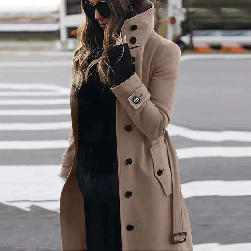 Women's Maxi Trench Coat with Belt and Stand Collar