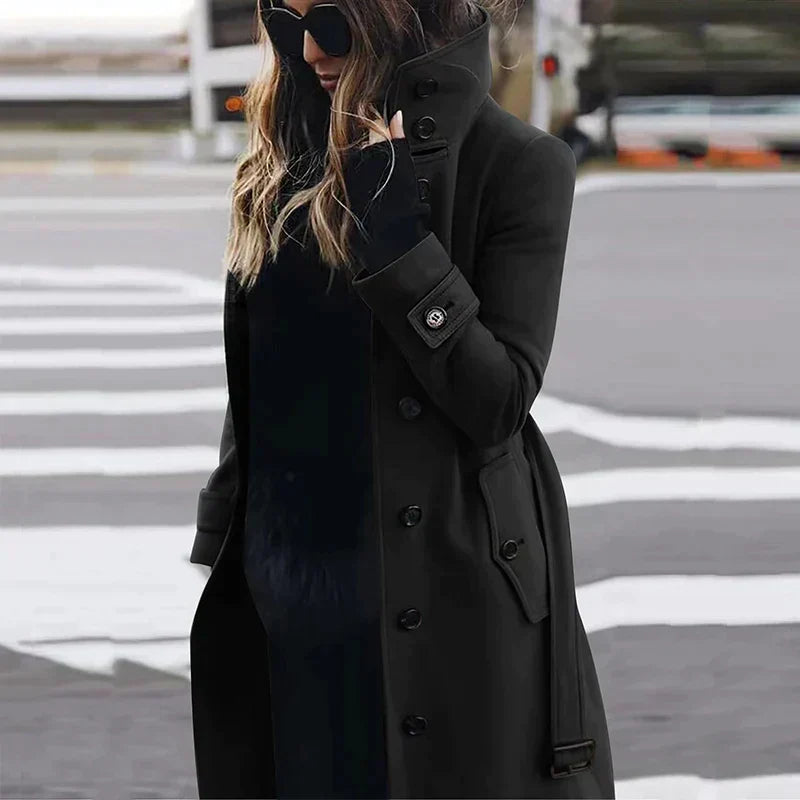 Women's Maxi Trench Coat with Belt and Stand Collar