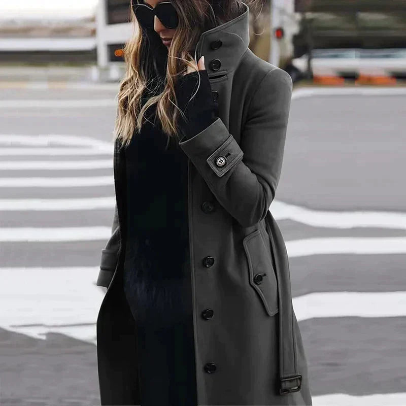 Women's Maxi Trench Coat with Belt and Stand Collar