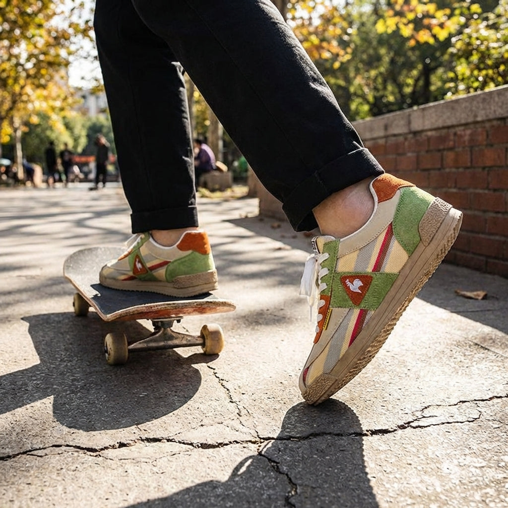 Sneakers in Retro Suede and Mesh with Sculpted Non-Slip Sole