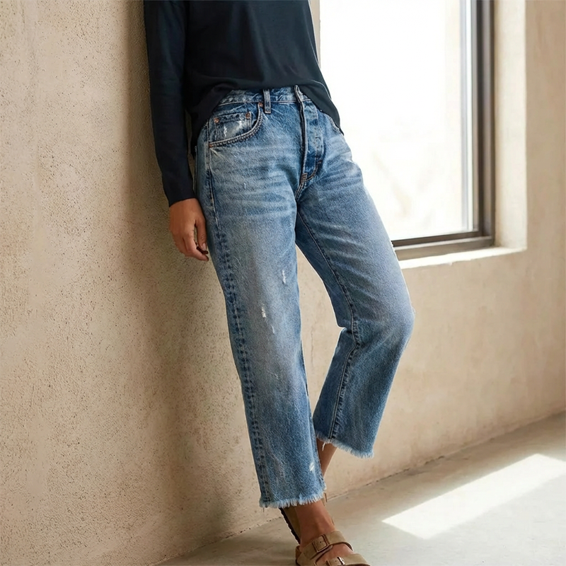 Women's High-Waisted Distressed Blue Denim Mom Jeans