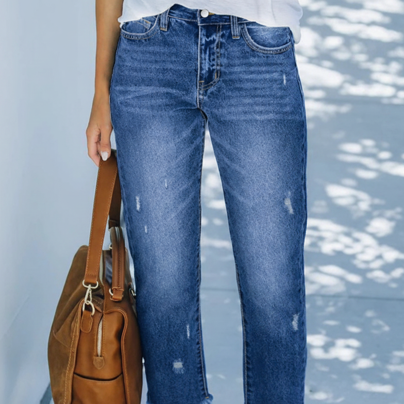 Baggy Jeans Women High Waist Washed Denim Frayed Hem