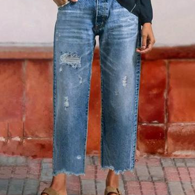 Baggy Jeans Women High Waist Washed Denim Frayed Hem