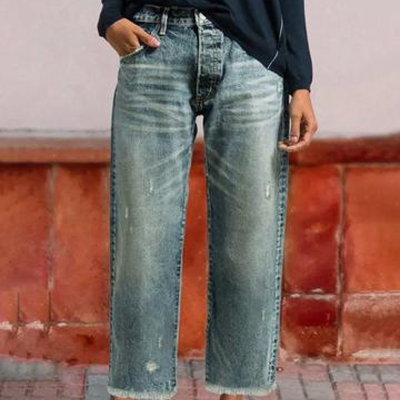 Baggy Jeans Women High Waist Washed Denim Frayed Hem