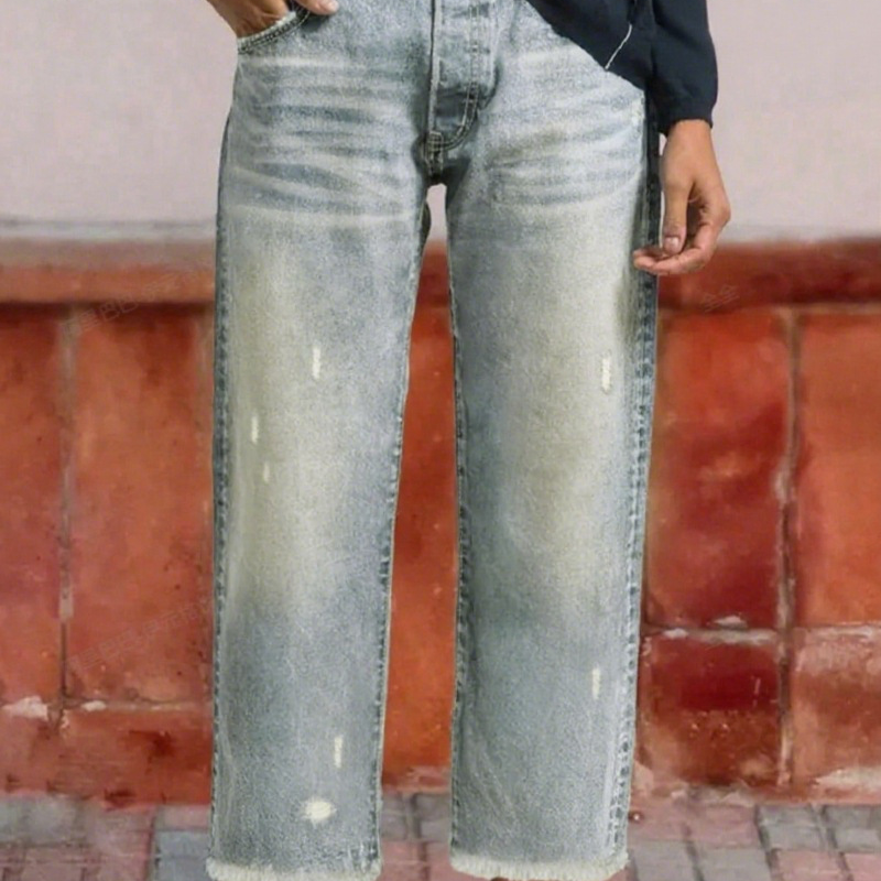 Baggy Jeans Women High Waist Washed Denim Frayed Hem