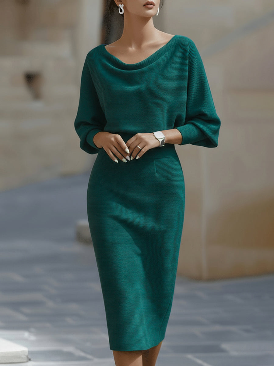 Elegant White Batwing Sleeve Midi Dress