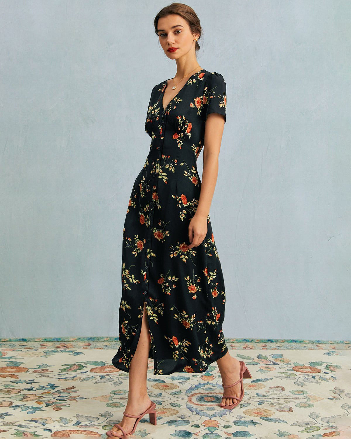 Elegant Black Floral Short Sleeve Midi Dress