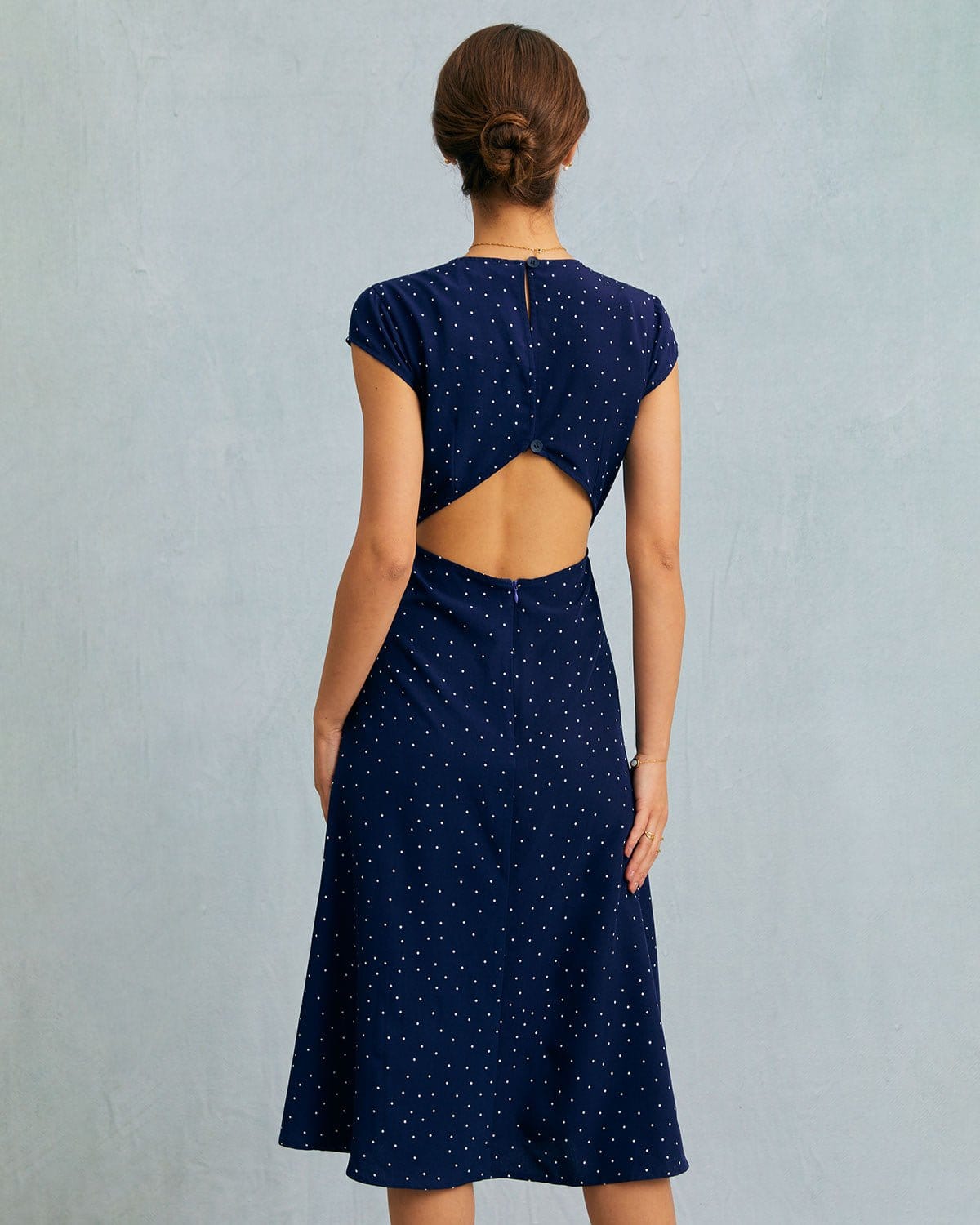 Navy Round Neck Polka Dot Cutout Midi Dress