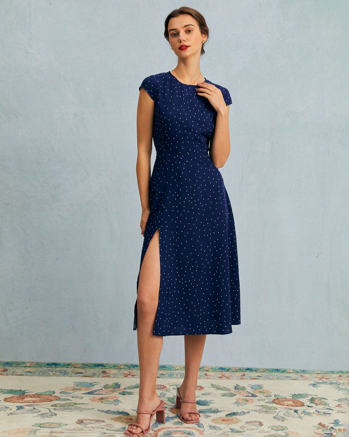 Navy Round Neck Polka Dot Cutout Midi Dress