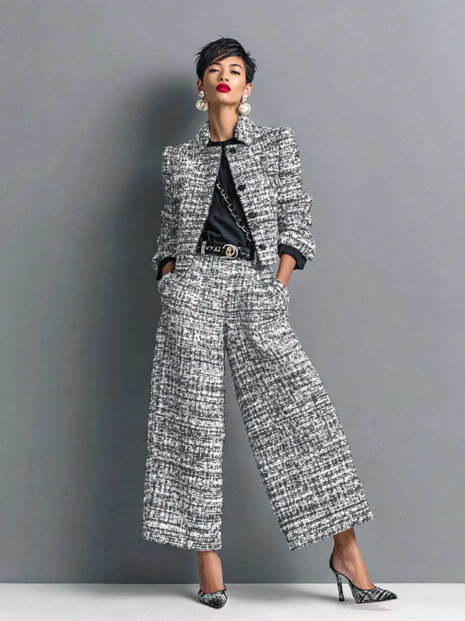 Women’s Tweed Suit with a Cropped Jacket and Palazzo Trousers