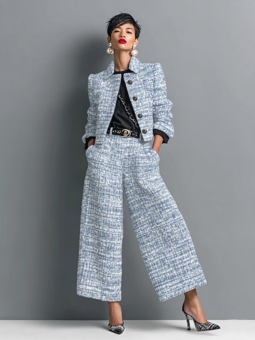 Women’s Tweed Suit with a Cropped Jacket and Palazzo Trousers
