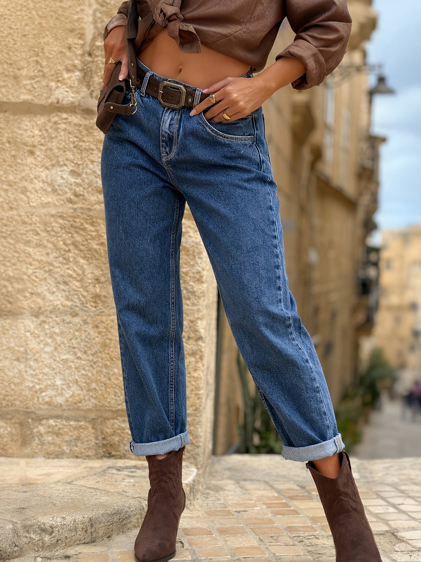 Women's High-Waisted Blue Denim Mom Jeans with Straight Leg