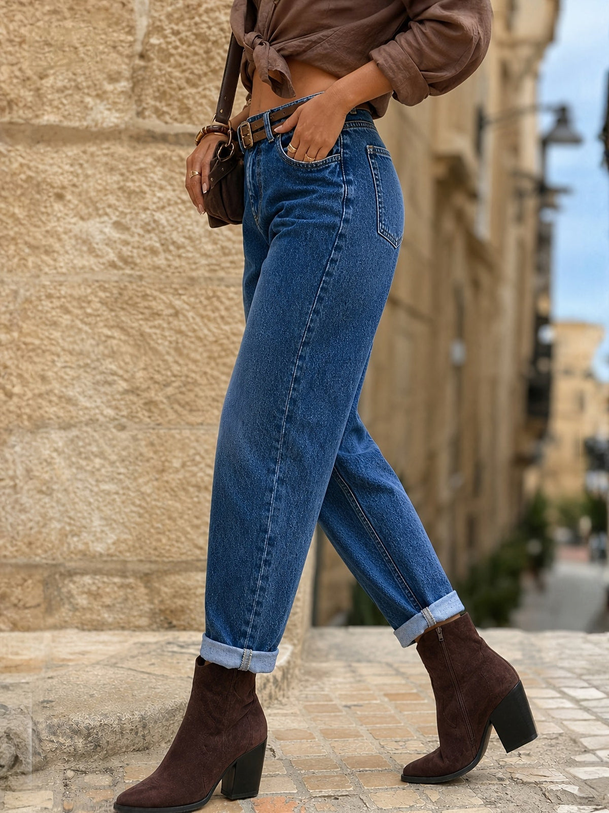 Women's High-Waisted Blue Denim Mom Jeans with Straight Leg