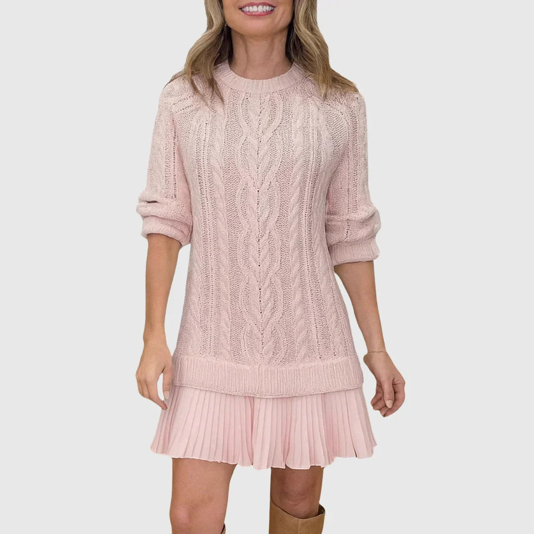 Camel Cable Knit Sweater Dress with Pleated Hem