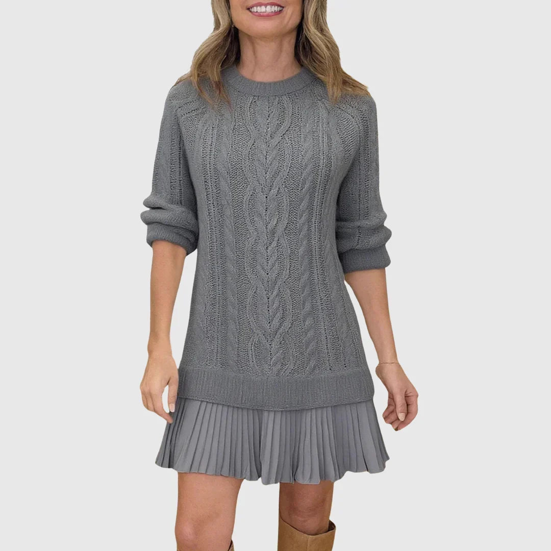 Camel Cable Knit Sweater Dress with Pleated Hem