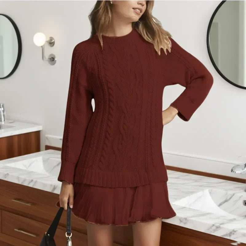 Camel Cable Knit Sweater Dress with Pleated Hem