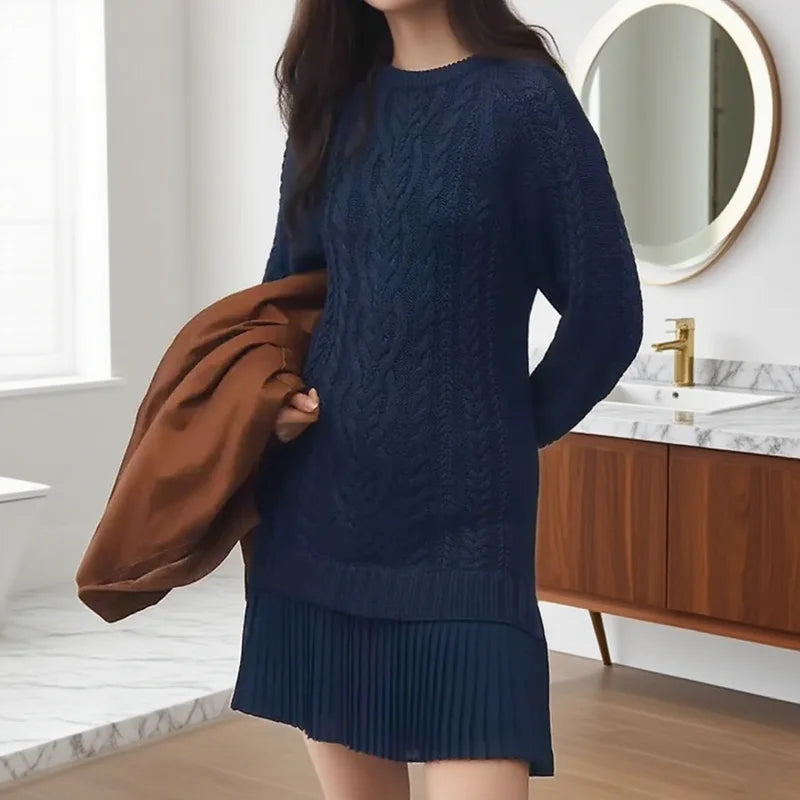 Camel Cable Knit Sweater Dress with Pleated Hem