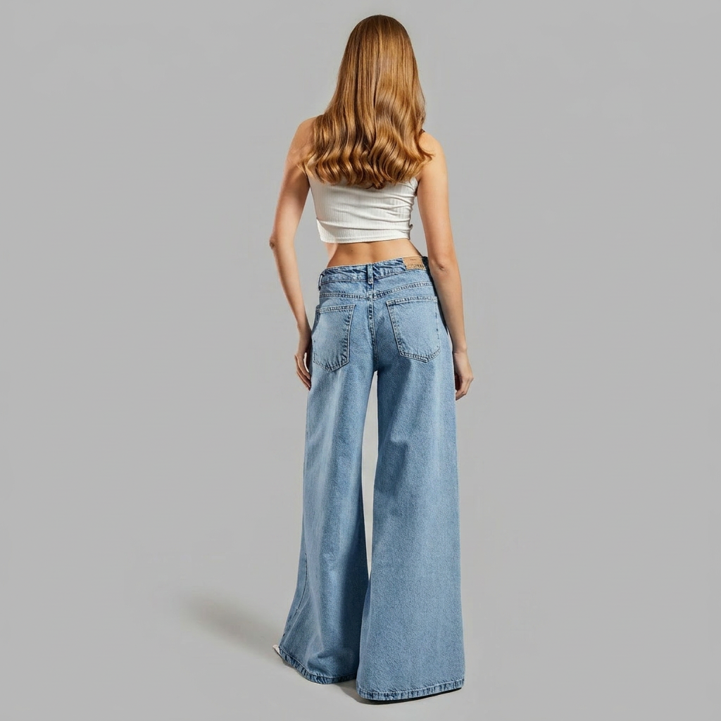 High-Waisted, Wide-Leg Flare Jeans with a Slit and Pearls